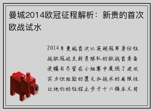 曼城2014欧冠征程解析：新贵的首次欧战试水